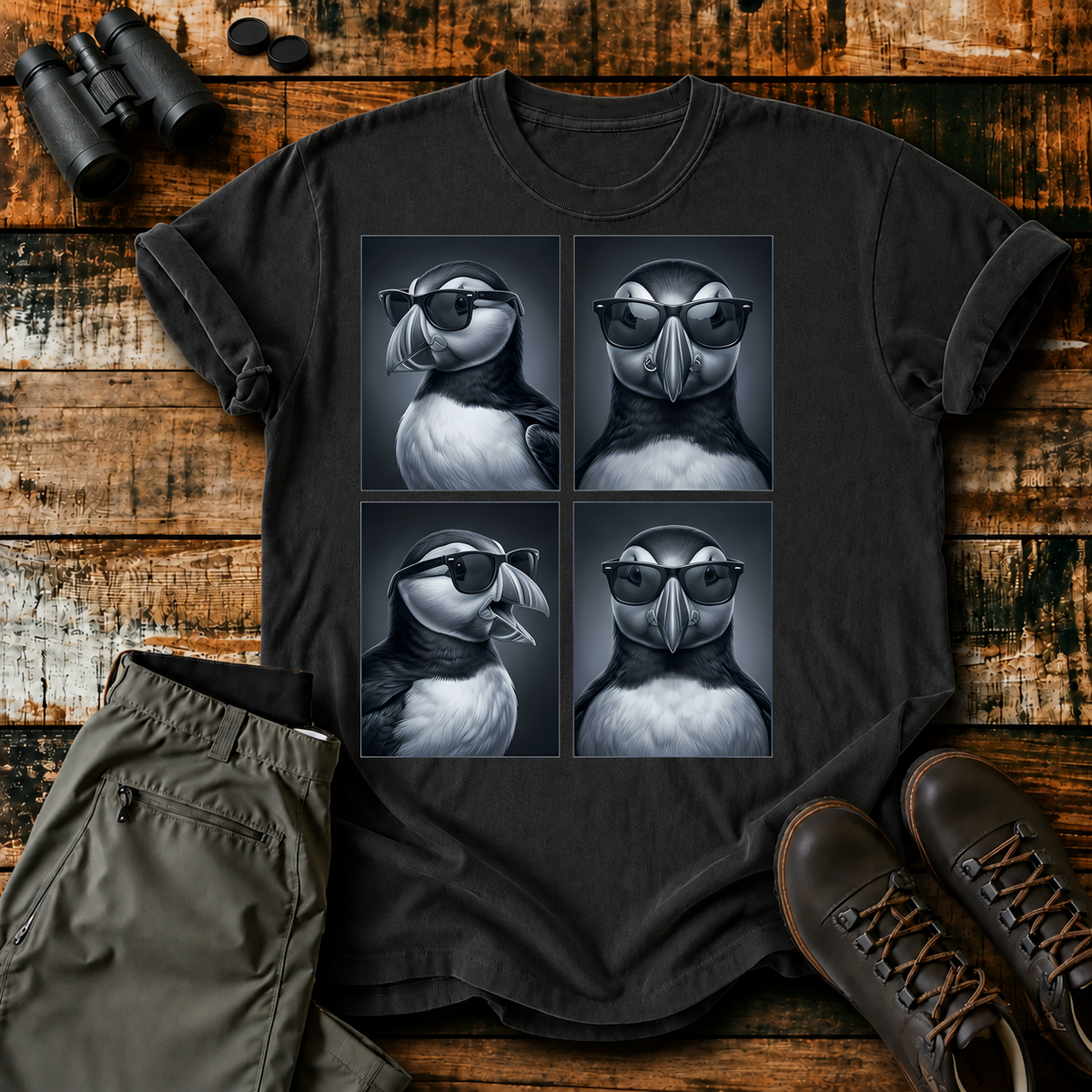 Cool Puffin Portraits Tee in Black, centered front design on a birdwatching flat-lay mockup