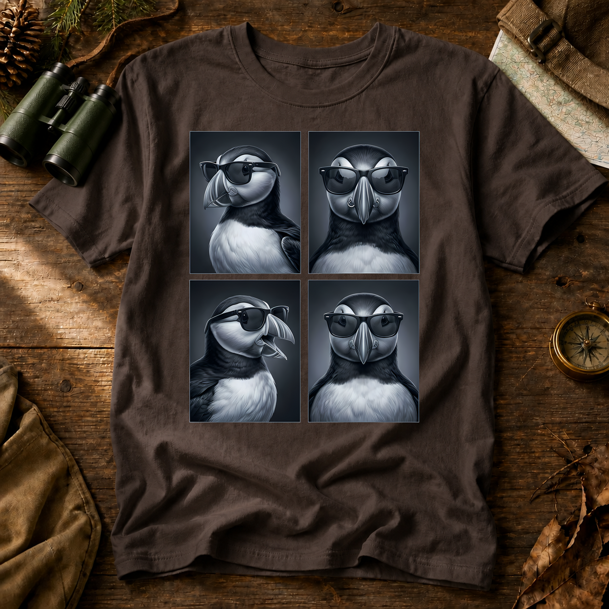 Cool Puffin Portraits Tee in Espresso, centered front design on a birdwatching flat-lay mockup