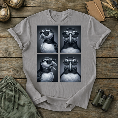Cool Puffin Portraits Tee in Grey, centered front design on a birdwatching flat-lay mockup