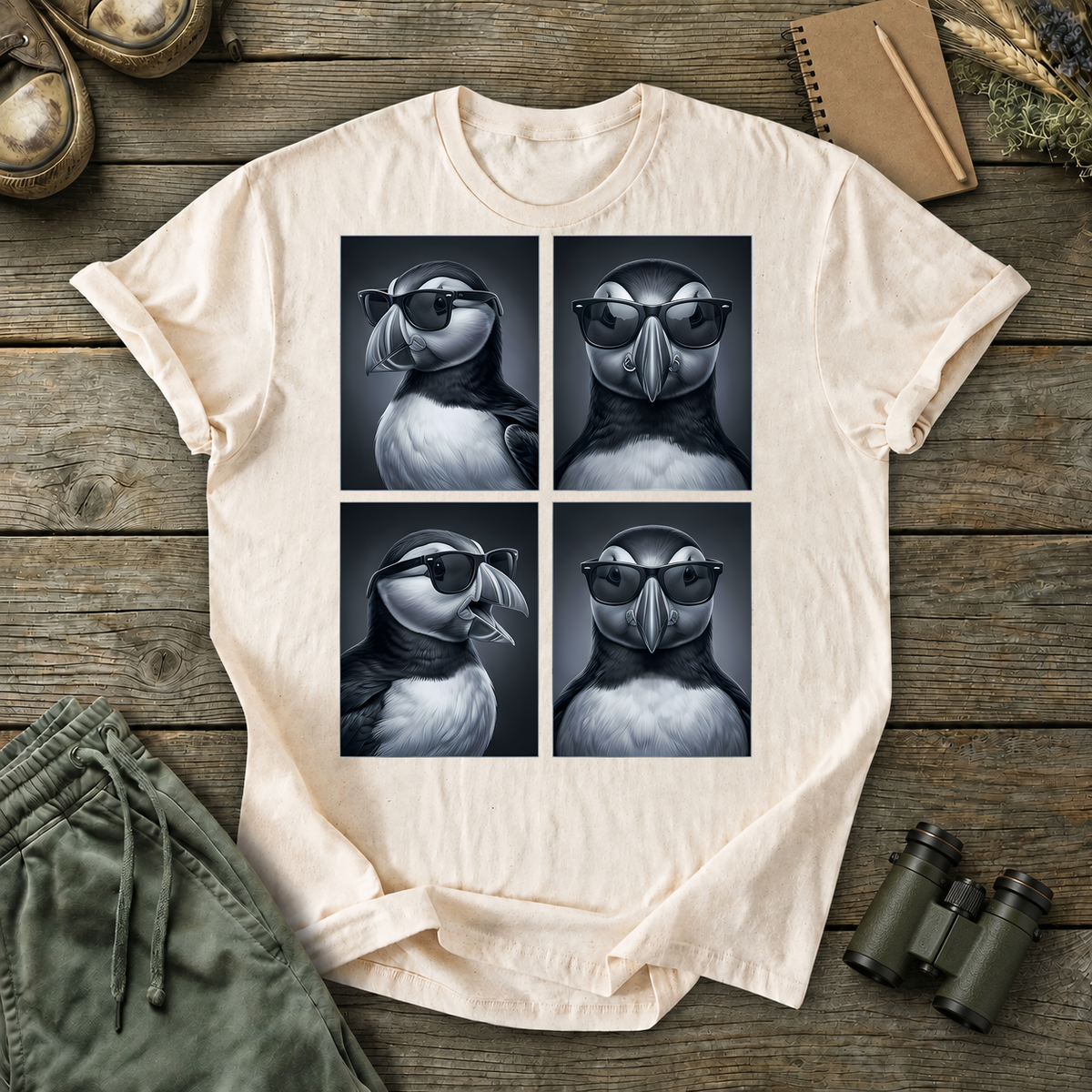 Cool Puffin Portraits Tee in Ivory, centered front design on a birdwatching flat-lay mockup