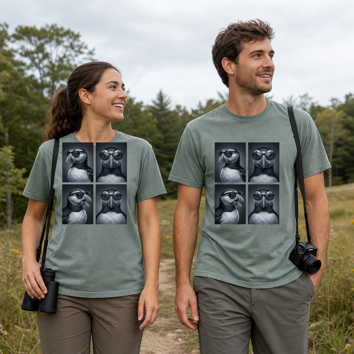 Female and male models wearing the Cool Puffin Portraits Tee in Bay, with the artwork centered on both shirts