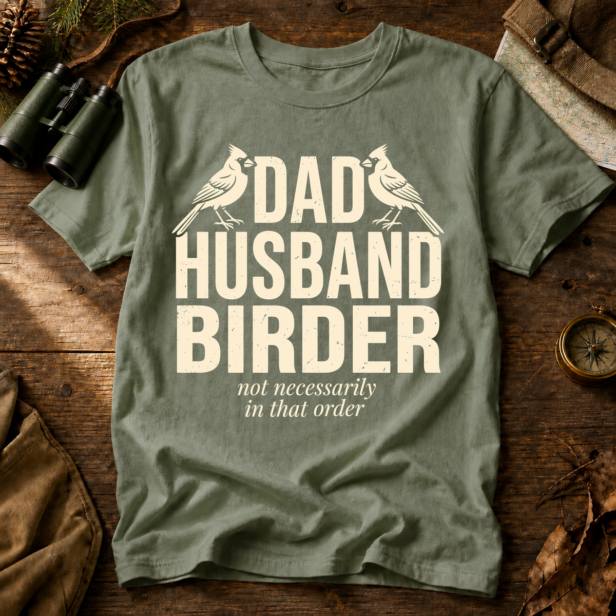 Dad Husband Birder Tee in Bay, centered front design on a birdwatching flat-lay mockup