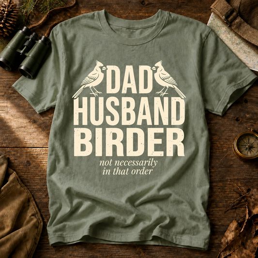 Dad Husband Birder Tee in Bay, centered front design on a birdwatching flat-lay mockup