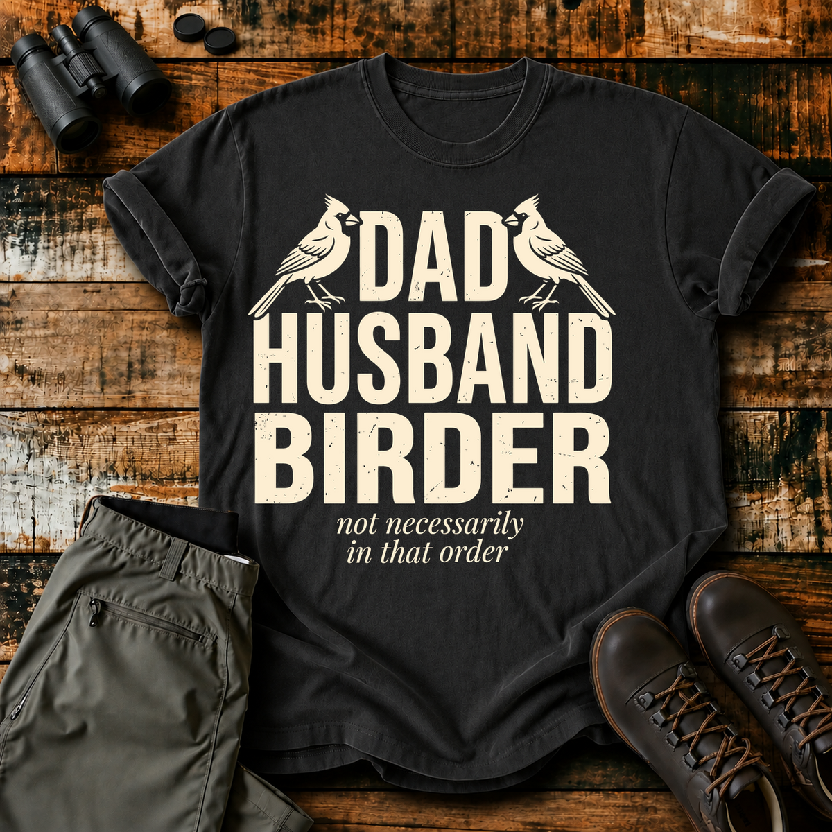Dad Husband Birder Tee in Black, centered front design on a birdwatching flat-lay mockup