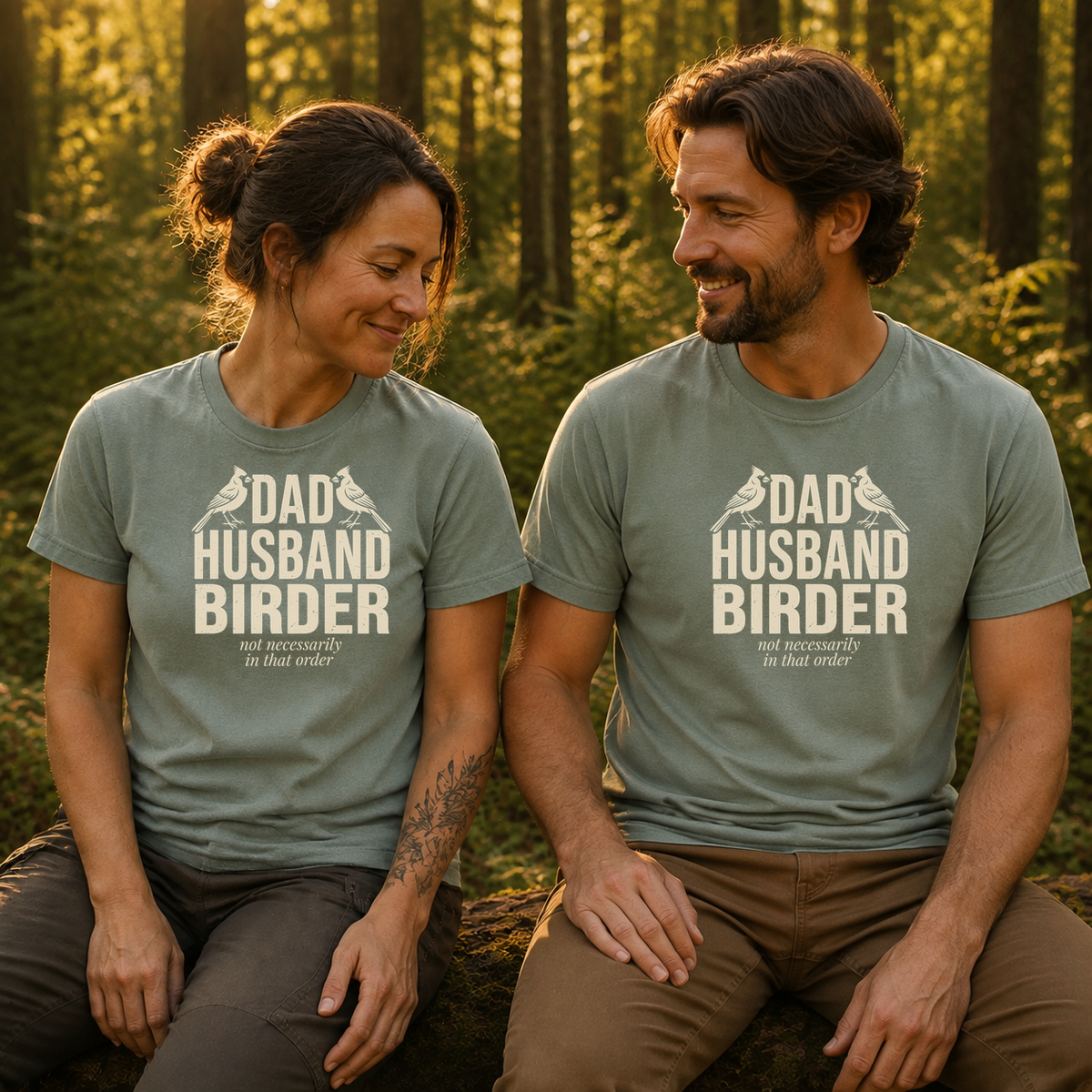 Female and male models wearing the Dad Husband Birder Tee in Bay, with the artwork centered on both shirts