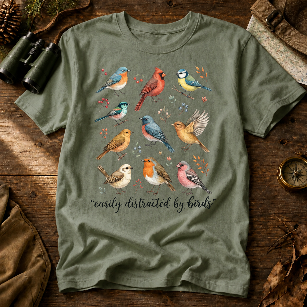 Easily Distracted by Birds Colorful Flock Tee in Bay, centered front design on a birdwatching flat-lay mockup
