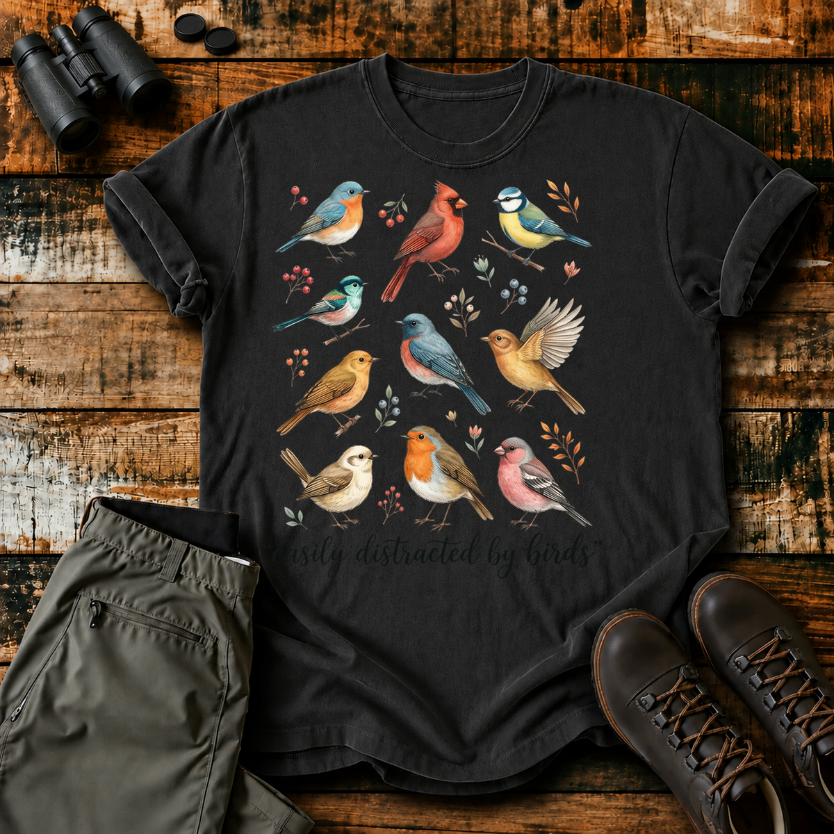 Easily Distracted by Birds Colorful Flock Tee in Black, centered front design on a birdwatching flat-lay mockup