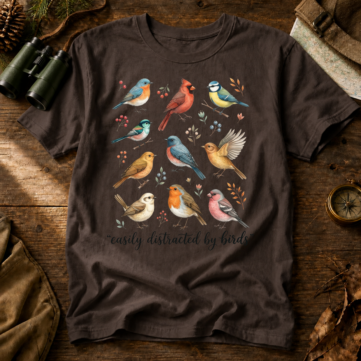 Easily Distracted by Birds Colorful Flock Tee in Espresso, centered front design on a birdwatching flat-lay mockup