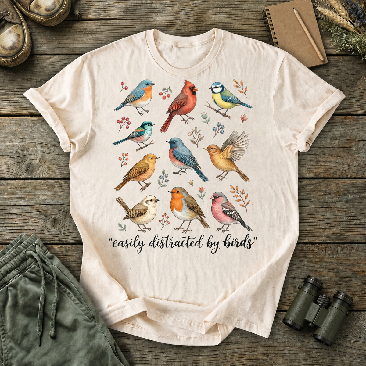Easily Distracted by Birds Colorful Flock Tee in Ivory, centered front design on a birdwatching flat-lay mockup