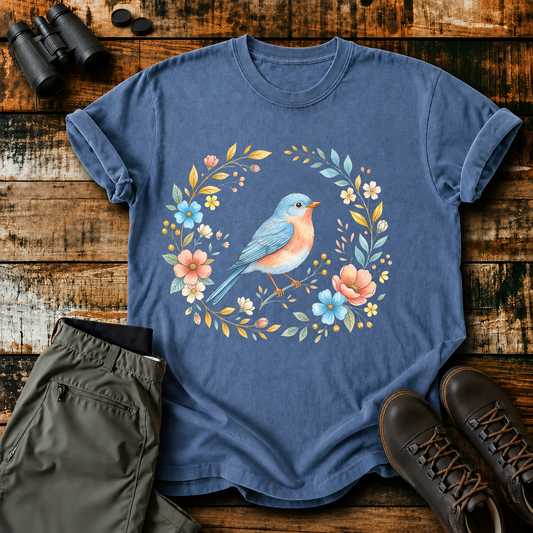 Eastern Bluebird Floral Wreath Tee in Blue Jean, centered front design on a birdwatching flat-lay mockup