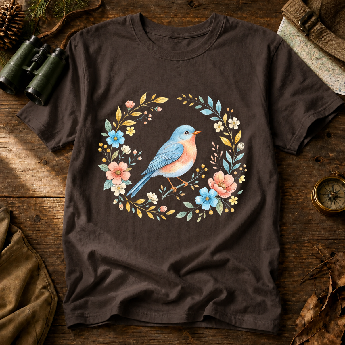 Eastern Bluebird Floral Wreath Tee in Espresso, centered front design on a birdwatching flat-lay mockup