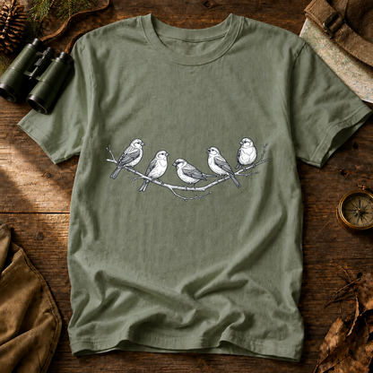 Five Birds on a Branch Tee in Bay, centered front design on a birdwatching flat-lay mockup