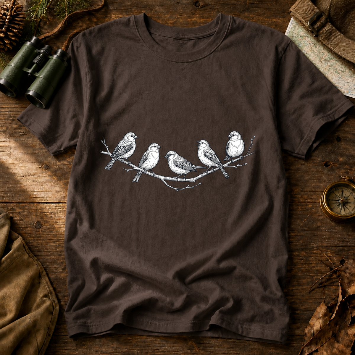 Five Birds on a Branch Tee in Espresso, centered front design on a birdwatching flat-lay mockup