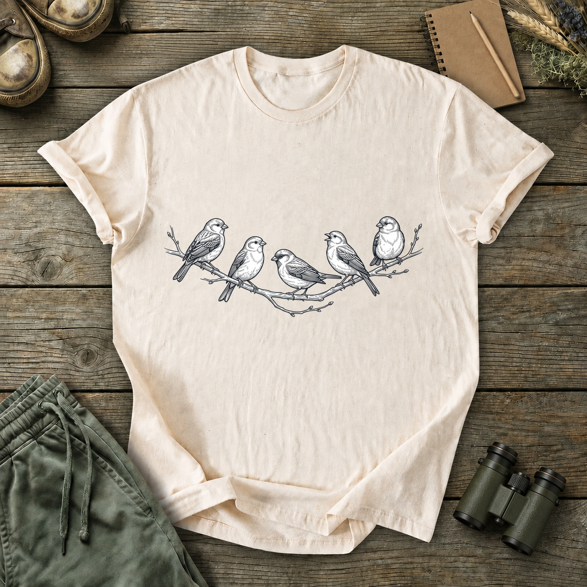 Five Birds on a Branch Tee in Ivory, centered front design on a birdwatching flat-lay mockup