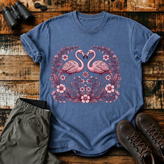 Floral Flamingo Pair Tee in Blue Jean, centered front design on a birdwatching flat-lay mockup