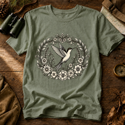 Floral Hummingbird Wreath Tee in Bay, centered front design on a birdwatching flat-lay mockup