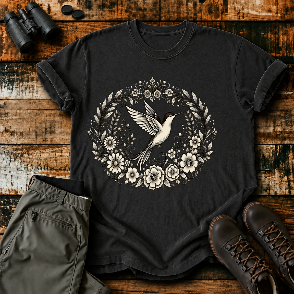 Floral Hummingbird Wreath Tee in Black, centered front design on a birdwatching flat-lay mockup