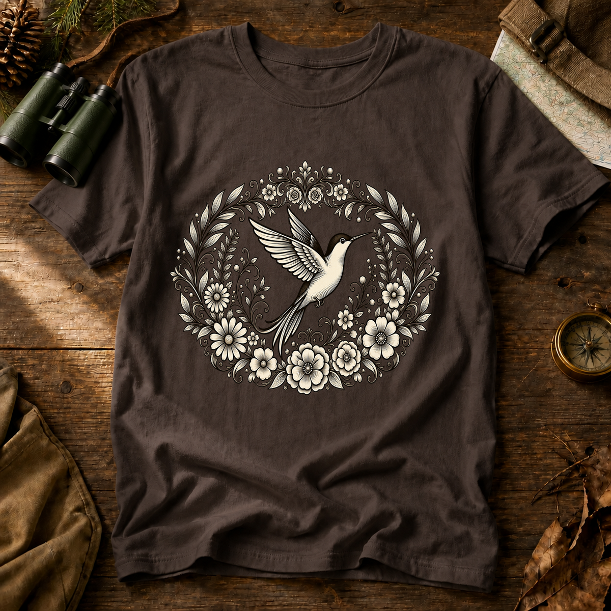 Floral Hummingbird Wreath Tee in Espresso, centered front design on a birdwatching flat-lay mockup