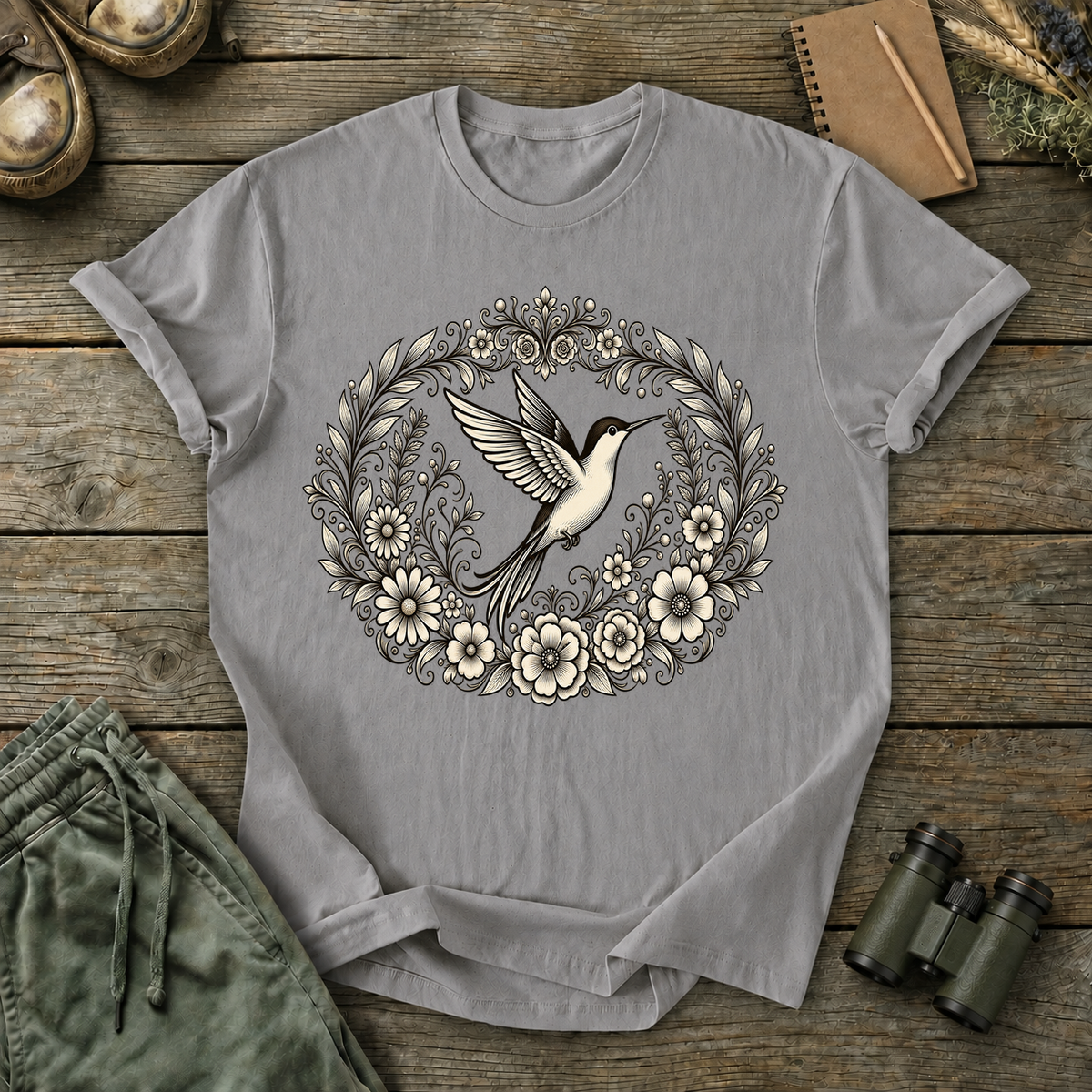 Floral Hummingbird Wreath Tee in Grey, centered front design on a birdwatching flat-lay mockup