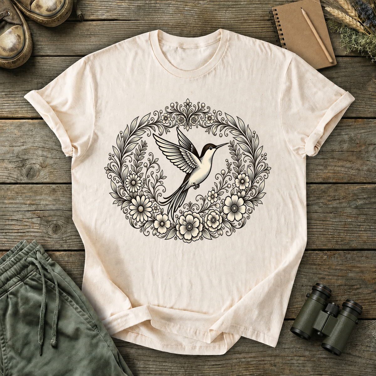 Floral Hummingbird Wreath Tee in Ivory, centered front design on a birdwatching flat-lay mockup