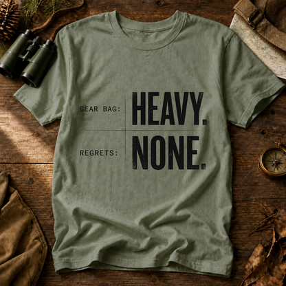 Gear Bag Heavy Regrets None Tee in Bay, centered front design on a birdwatching flat-lay mockup