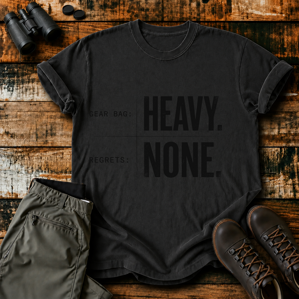 Gear Bag Heavy Regrets None Tee in Black, centered front design on a birdwatching flat-lay mockup
