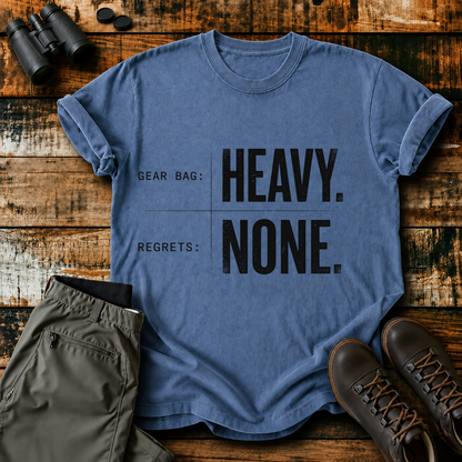 Gear Bag Heavy Regrets None Tee in Blue Jean, centered front design on a birdwatching flat-lay mockup