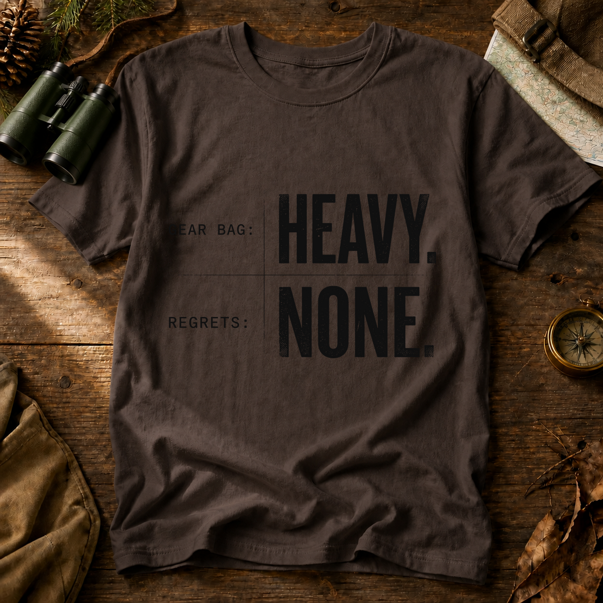 Gear Bag Heavy Regrets None Tee in Espresso, centered front design on a birdwatching flat-lay mockup