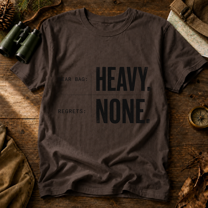 Gear Bag Heavy Regrets None Tee in Espresso, centered front design on a birdwatching flat-lay mockup