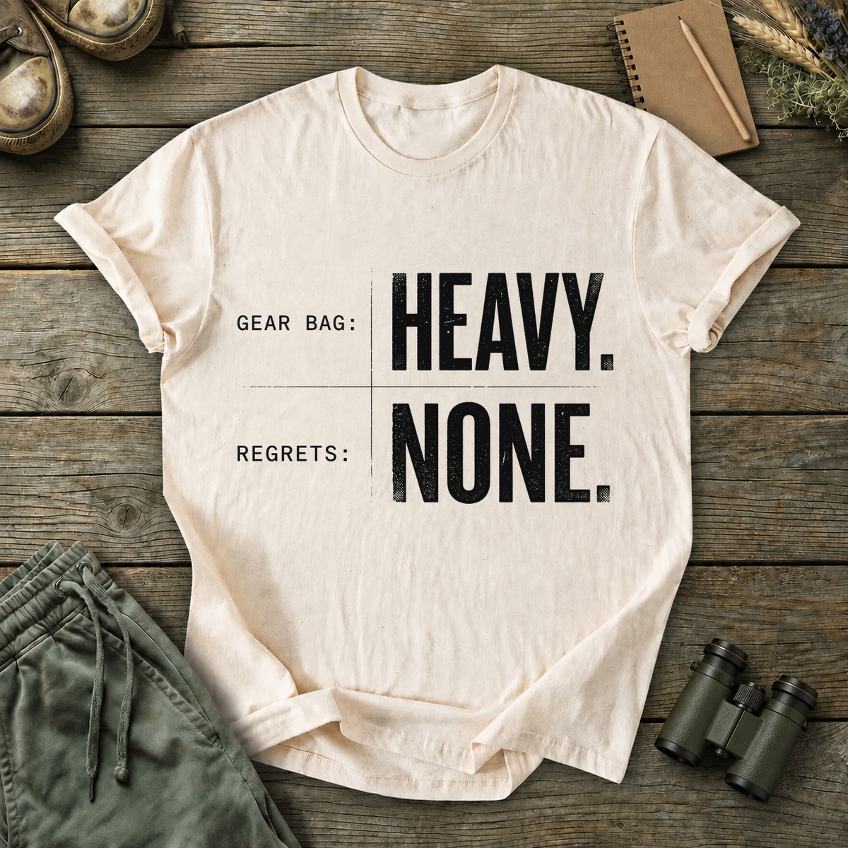 Gear Bag Heavy Regrets None Tee in Ivory, centered front design on a birdwatching flat-lay mockup