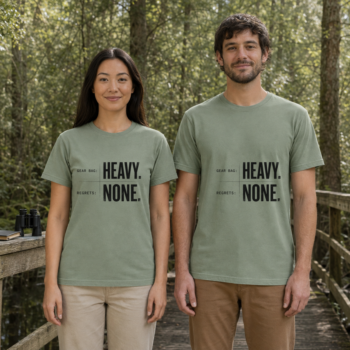 Female and male models wearing the Gear Bag Heavy Regrets None Tee in Bay, with the artwork centered on both shirts