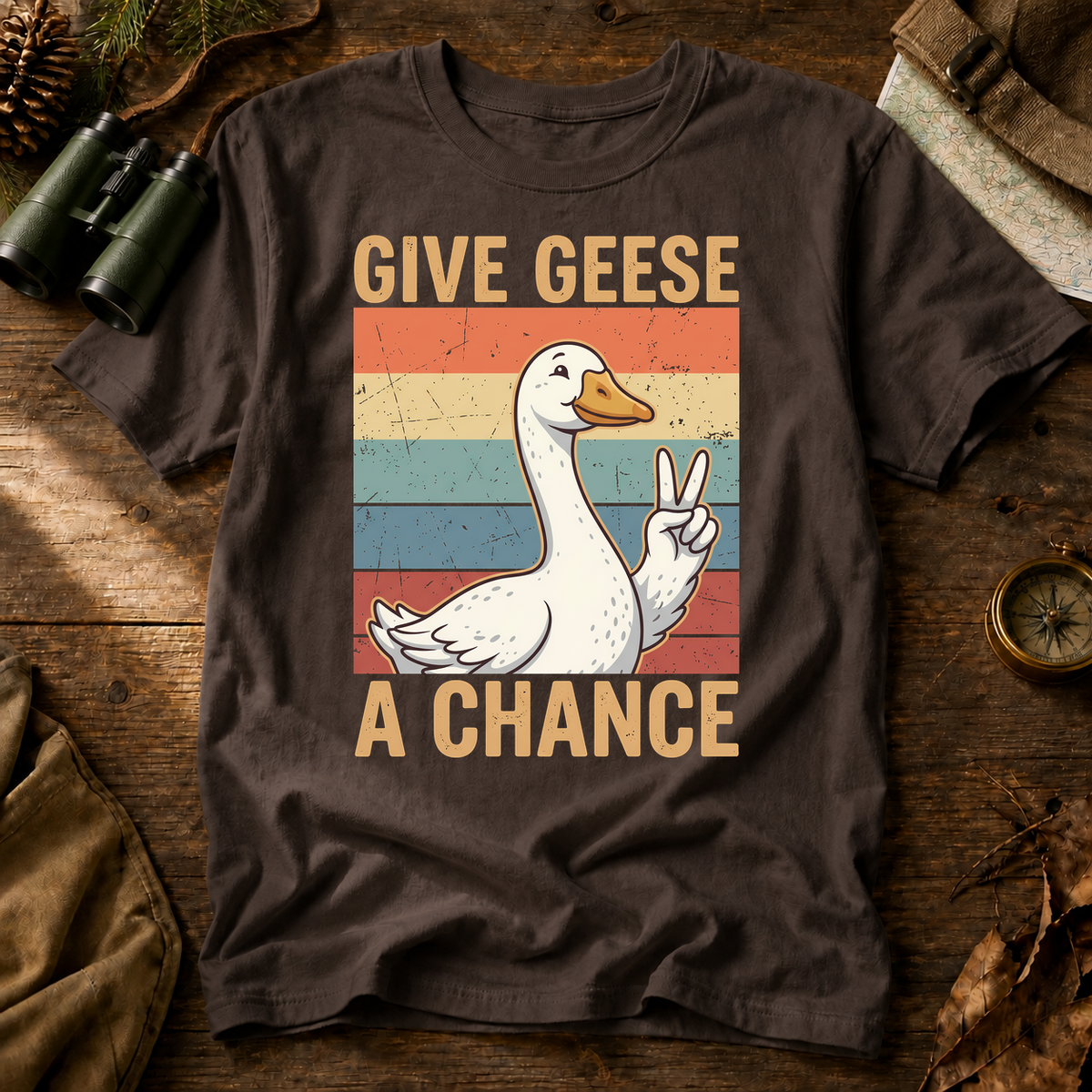 Give Geese a Chance Tee in Espresso, centered front design on a birdwatching flat-lay mockup