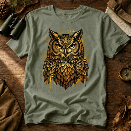 Golden Owl Portrait Tee in Bay, centered front design on a birdwatching flat-lay mockup
