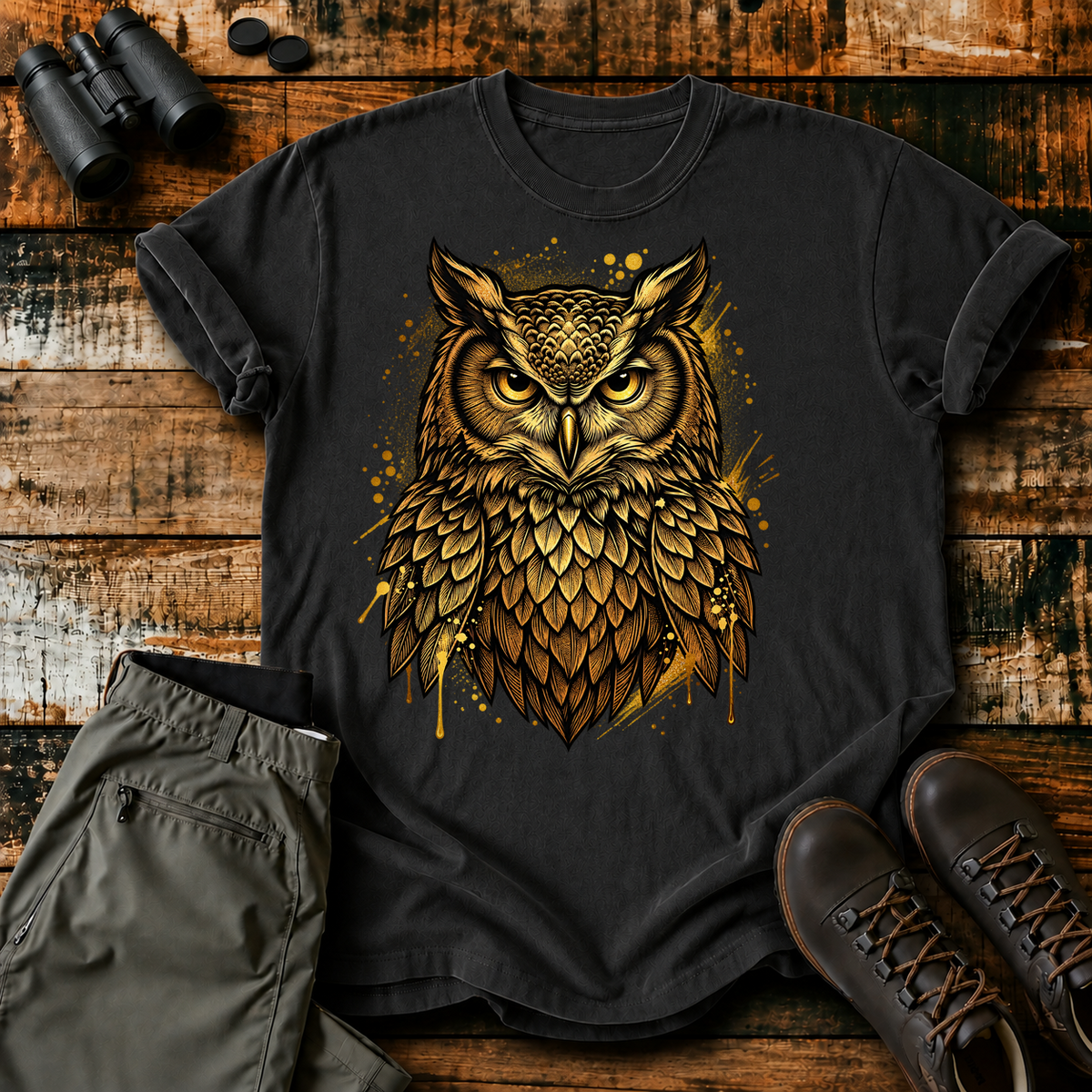 Golden Owl Portrait Tee in Black, centered front design on a birdwatching flat-lay mockup