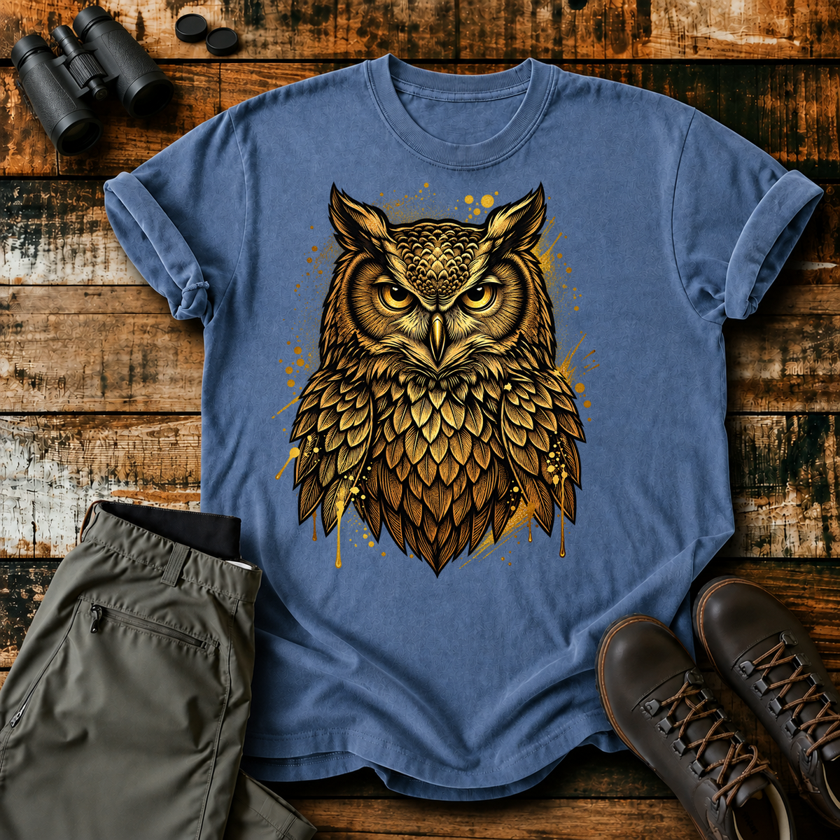 Golden Owl Portrait Tee in Blue Jean, centered front design on a birdwatching flat-lay mockup