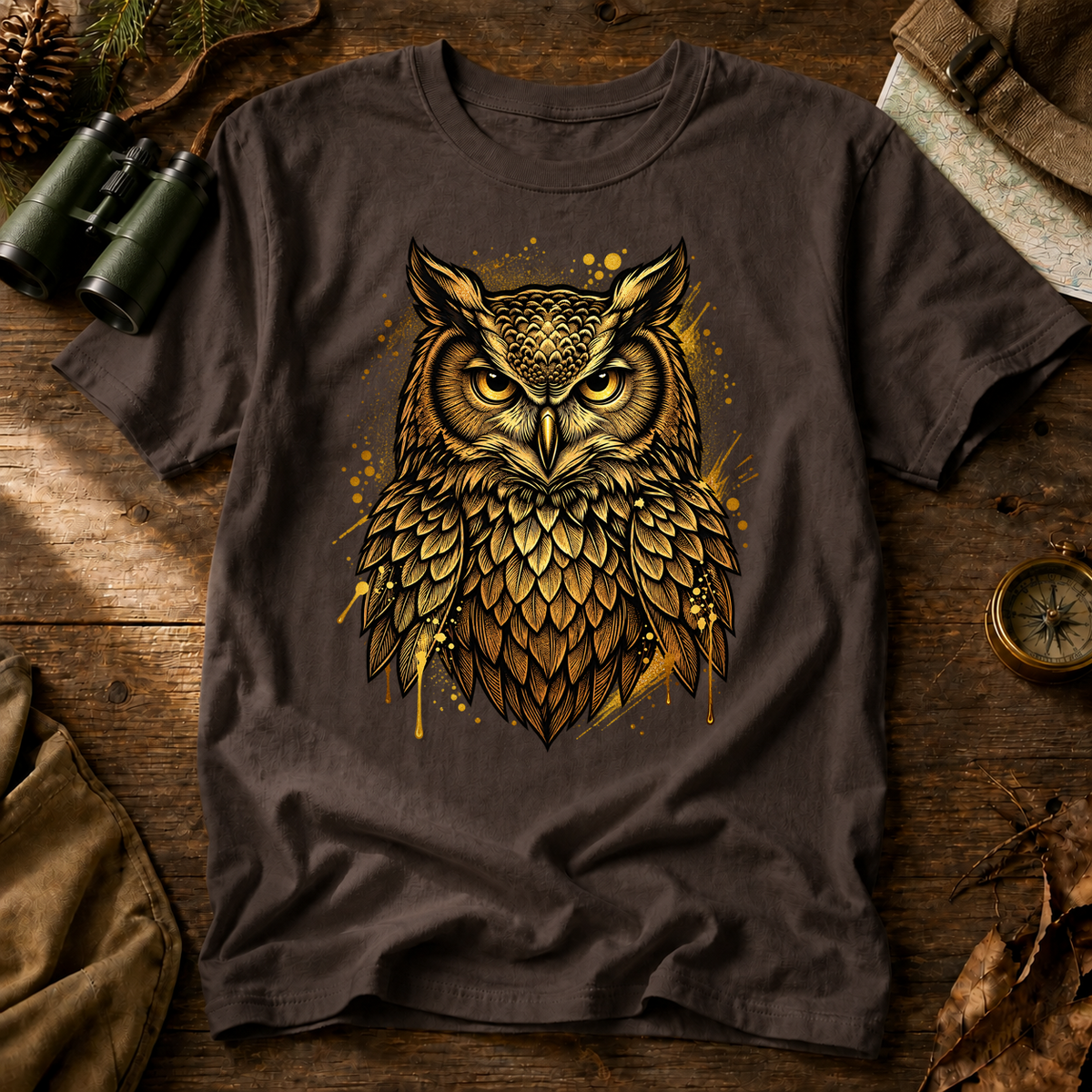 Golden Owl Portrait Tee in Espresso, centered front design on a birdwatching flat-lay mockup