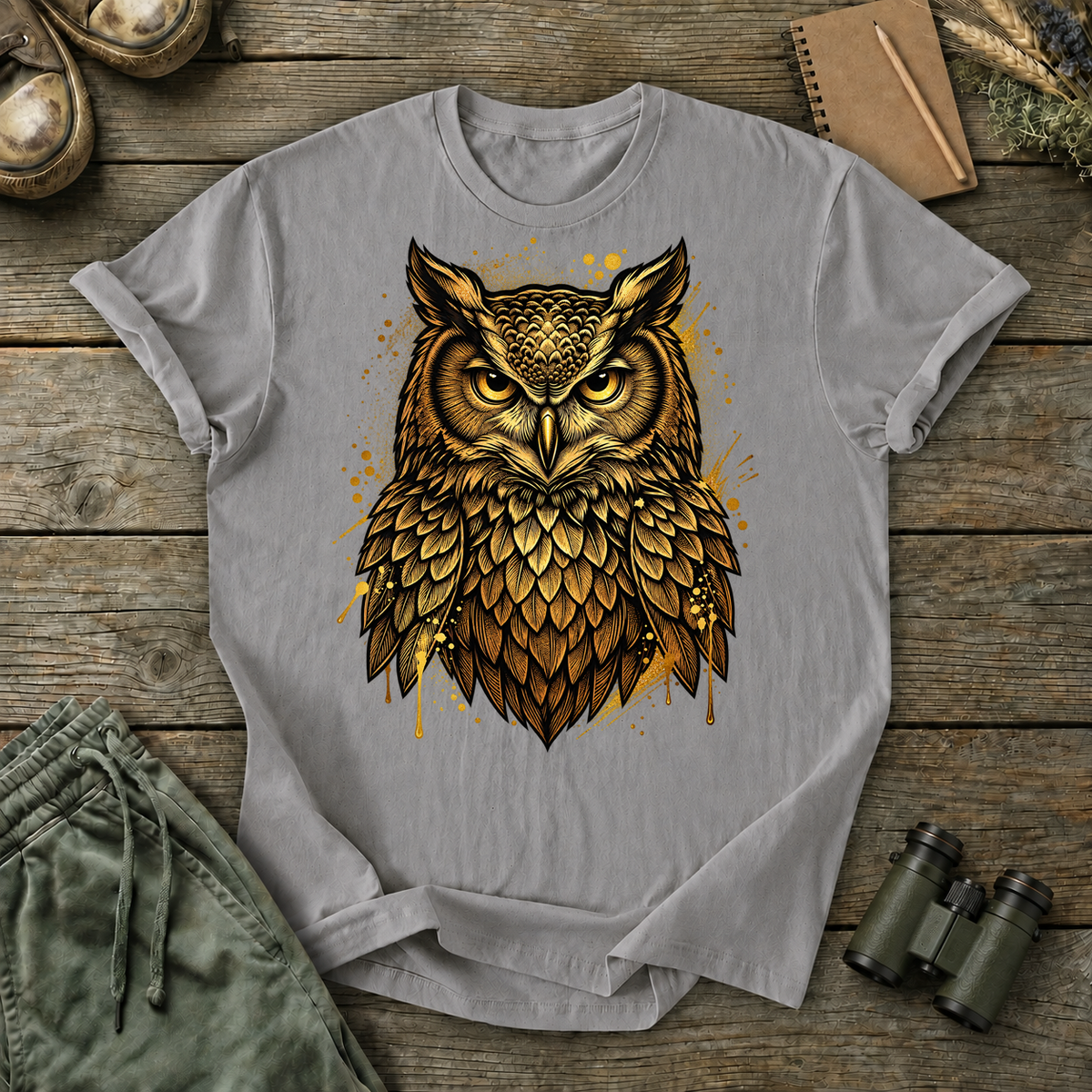 Golden Owl Portrait Tee in Grey, centered front design on a birdwatching flat-lay mockup