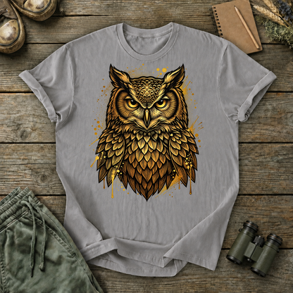 Golden Owl Portrait Tee in Grey, centered front design on a birdwatching flat-lay mockup
