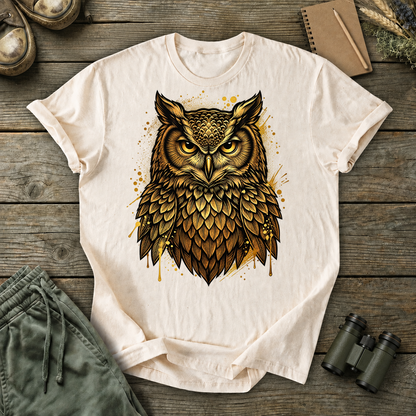 Golden Owl Portrait Tee in Ivory, centered front design on a birdwatching flat-lay mockup