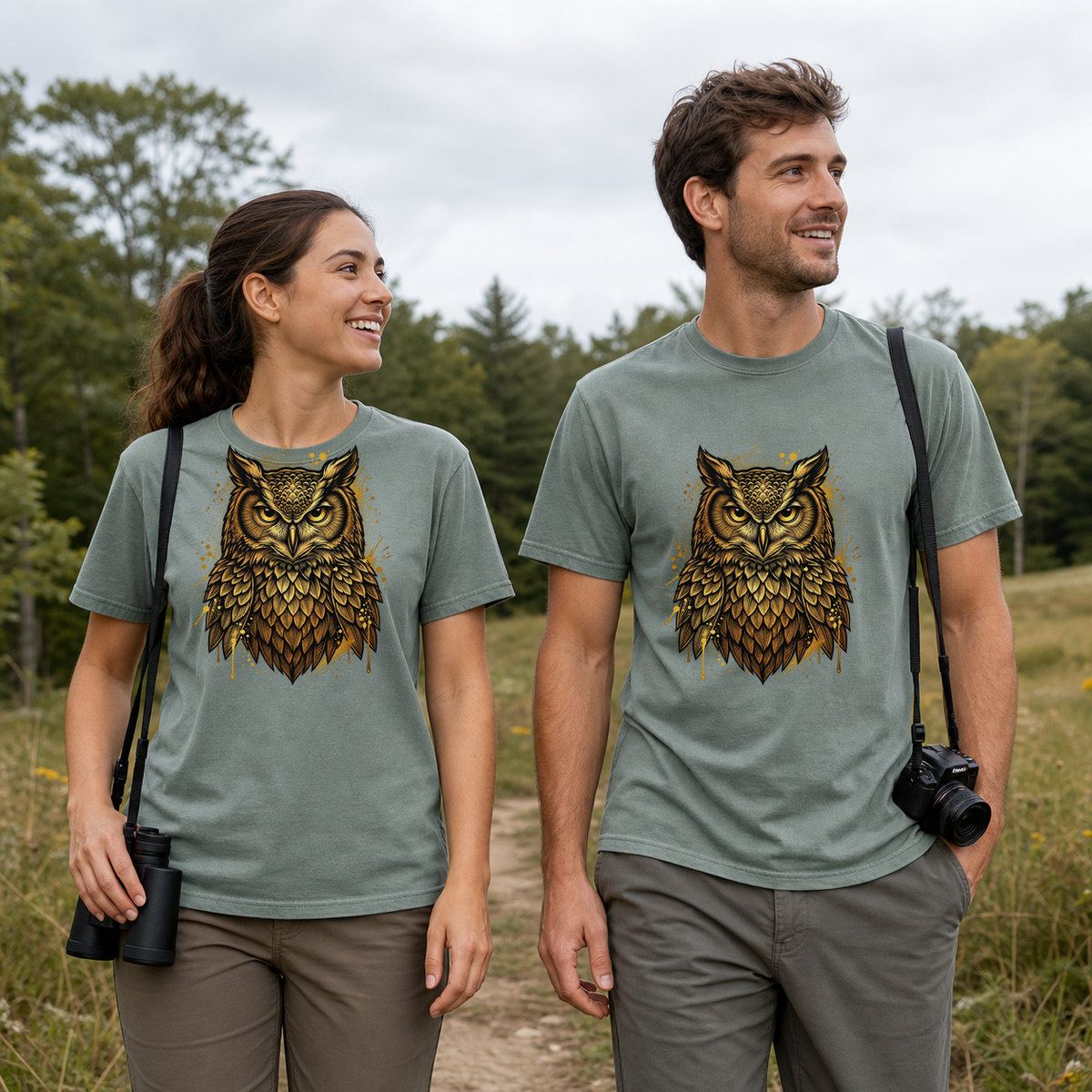 Female and male models wearing the Golden Owl Portrait Tee in Bay, with the artwork centered on both shirts