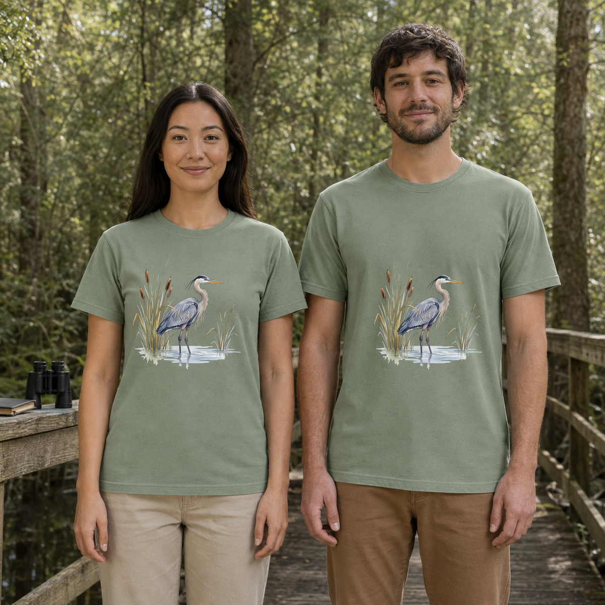 Female and male models wearing the Great Blue Heron Wetland Watercolor Tee in Bay, with the artwork centered on both shirts