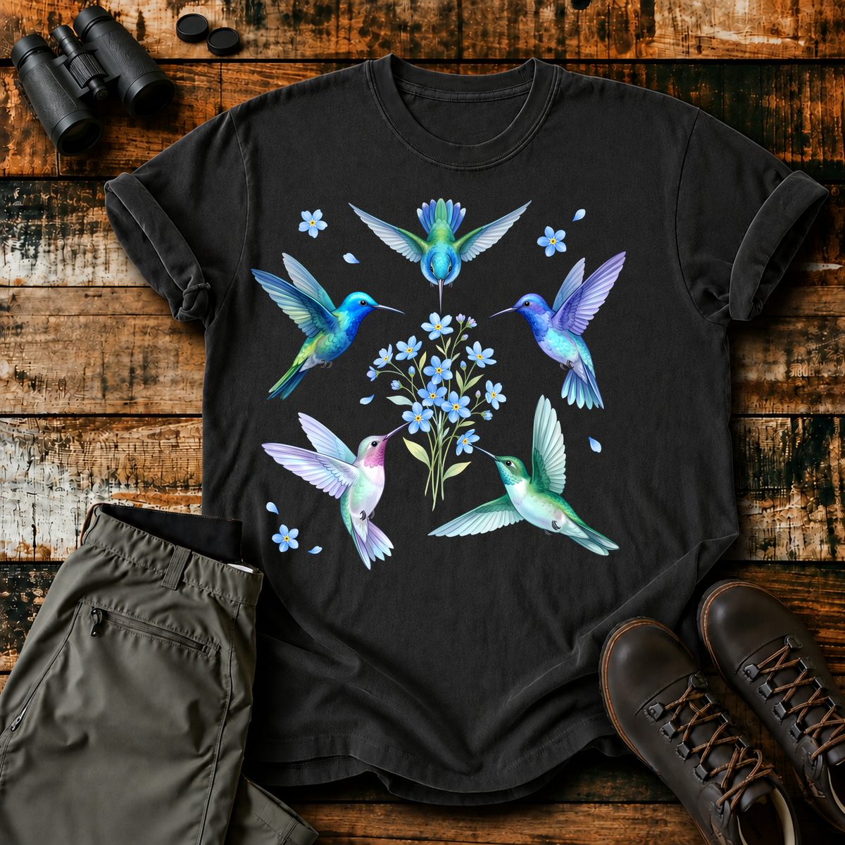 Hummingbird Floral Circle Tee in Black, centered front design on a birdwatching flat-lay mockup