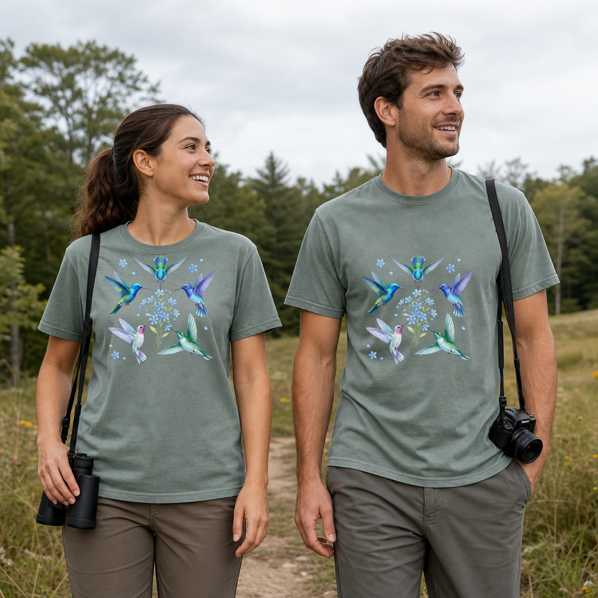 Female and male models wearing the Hummingbird Floral Circle Tee in Bay, with the artwork centered on both shirts