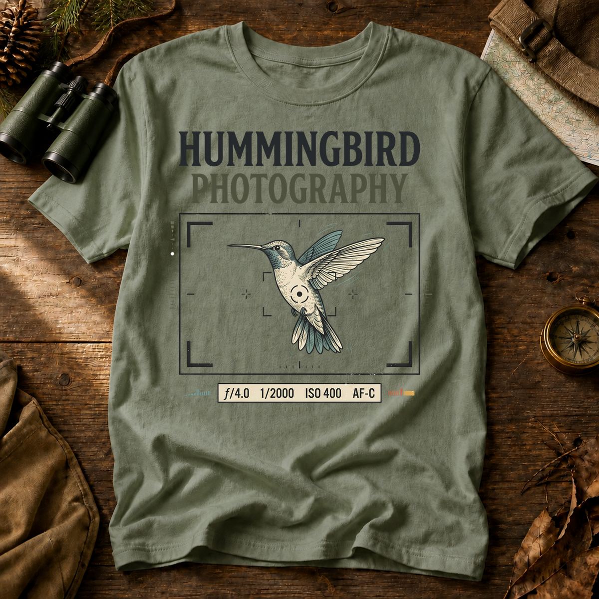 Hummingbird Photography Camera Settings Tee in Bay laid beside field gear