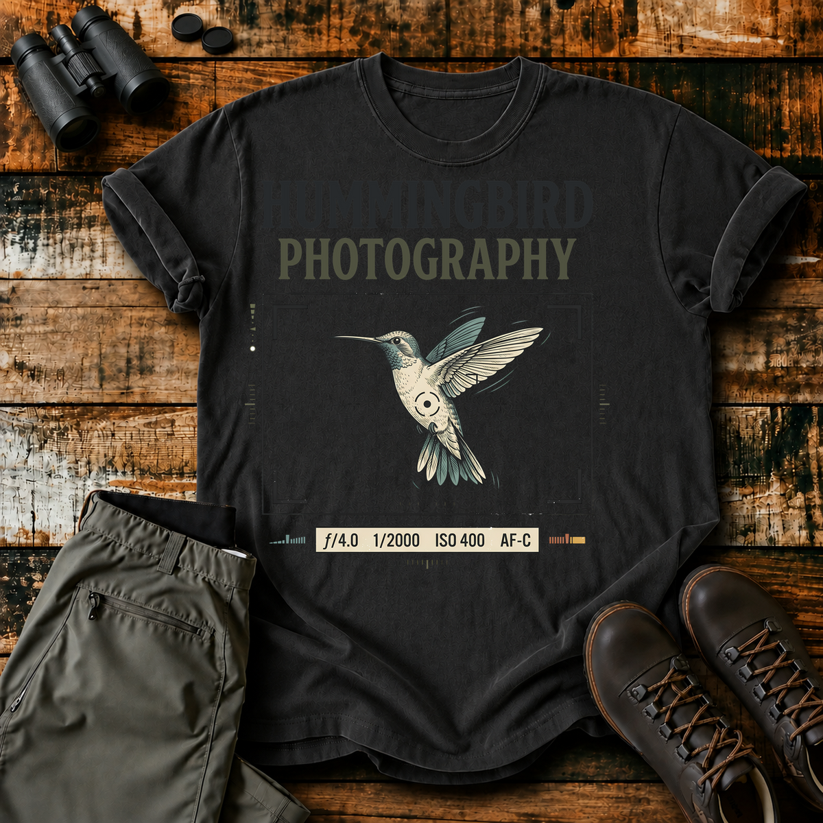 Hummingbird Photography Camera Settings Tee in Black, centered front design on a birdwatching flat-lay mockup