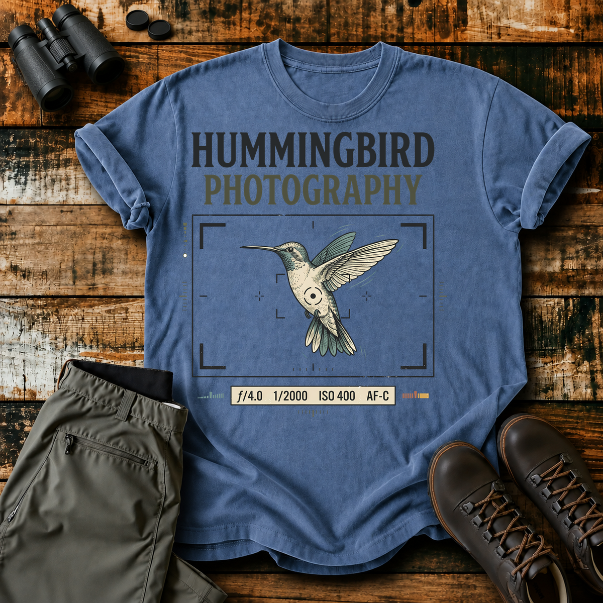Hummingbird Photography Camera Settings Tee in Blue Jean, centered front design on a birdwatching flat-lay mockup