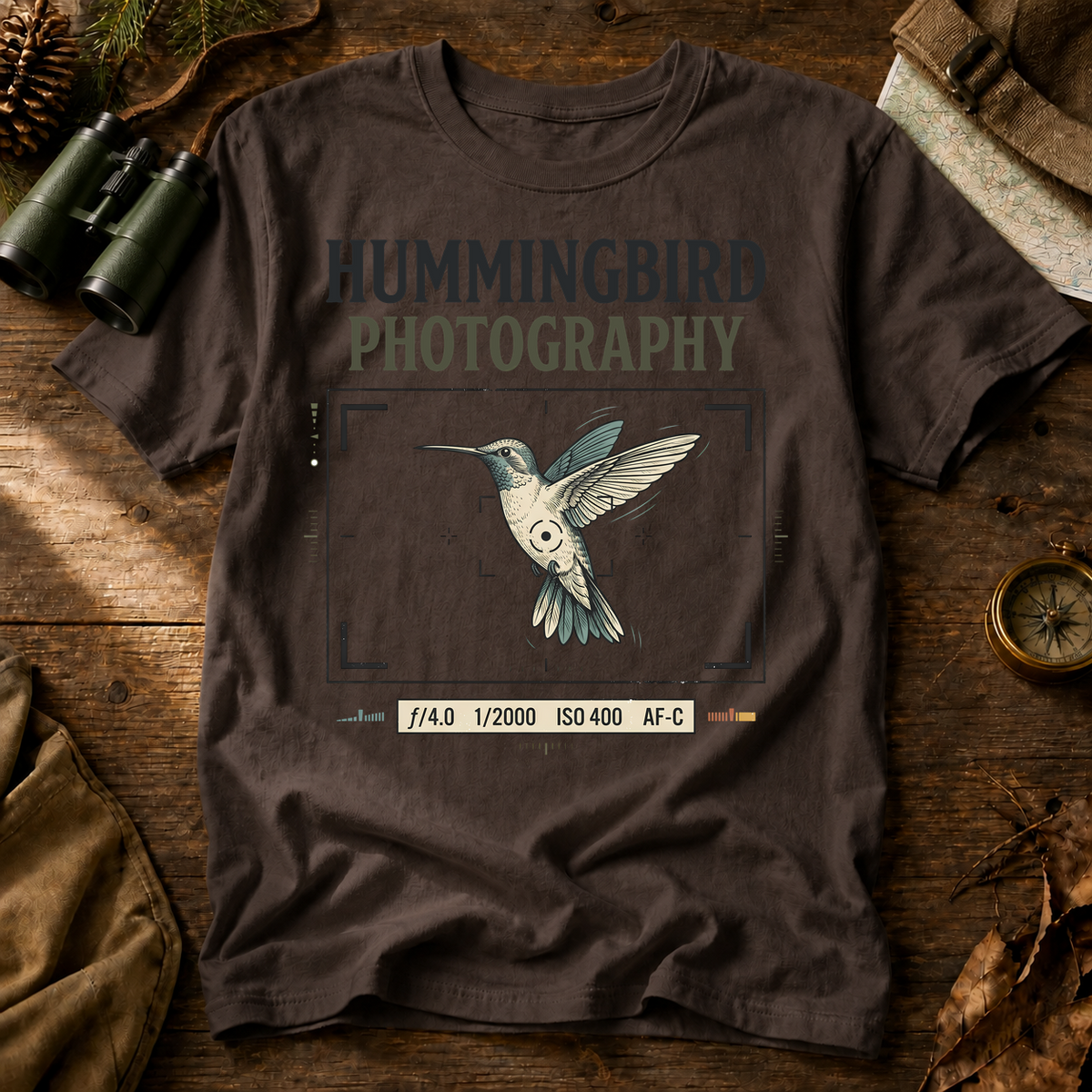 Hummingbird Photography Camera Settings Tee in Espresso, centered front design on a birdwatching flat-lay mockup