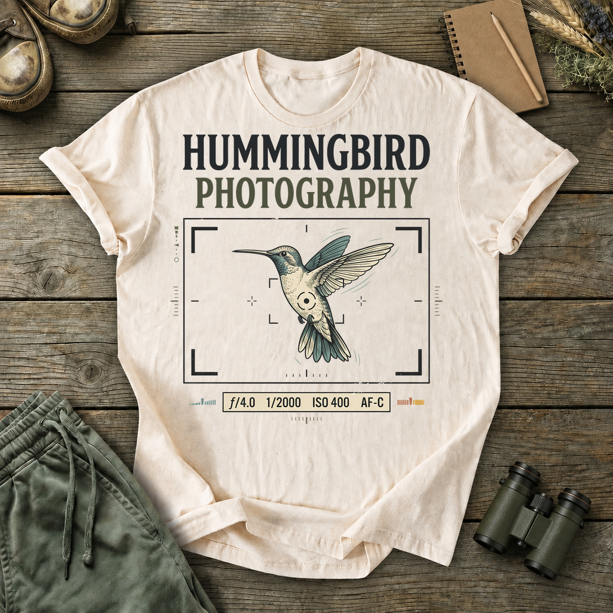 Hummingbird Photography Camera Settings Tee in Ivory, centered front design on a birdwatching flat-lay mockup