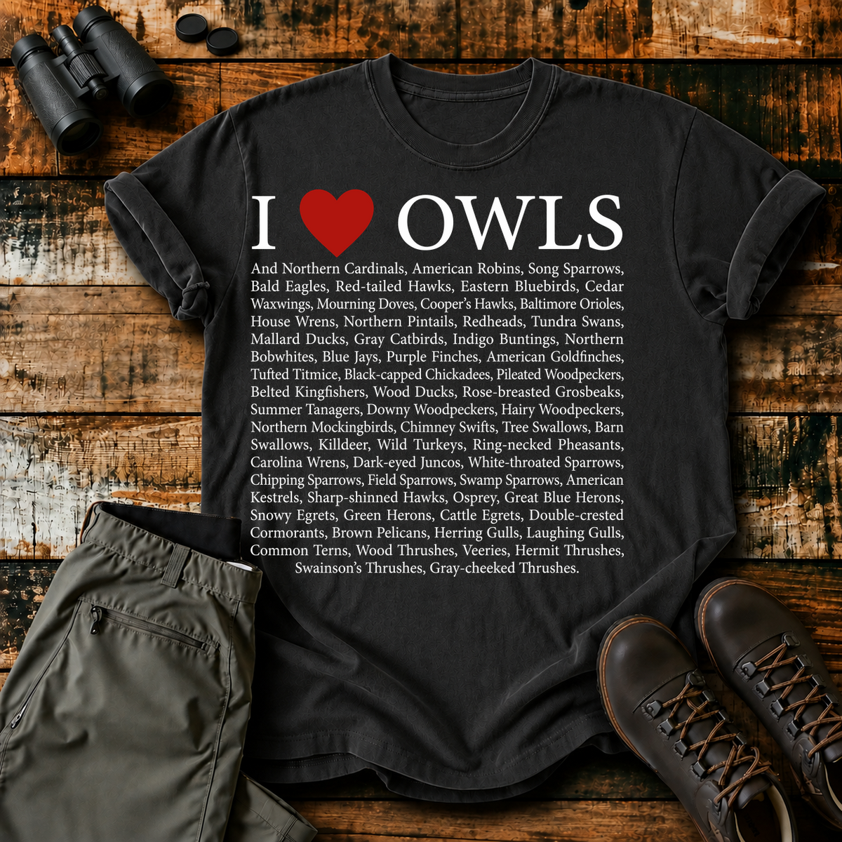 I Love Owls Bird List Tee in Black, centered front design on a birdwatching flat-lay mockup