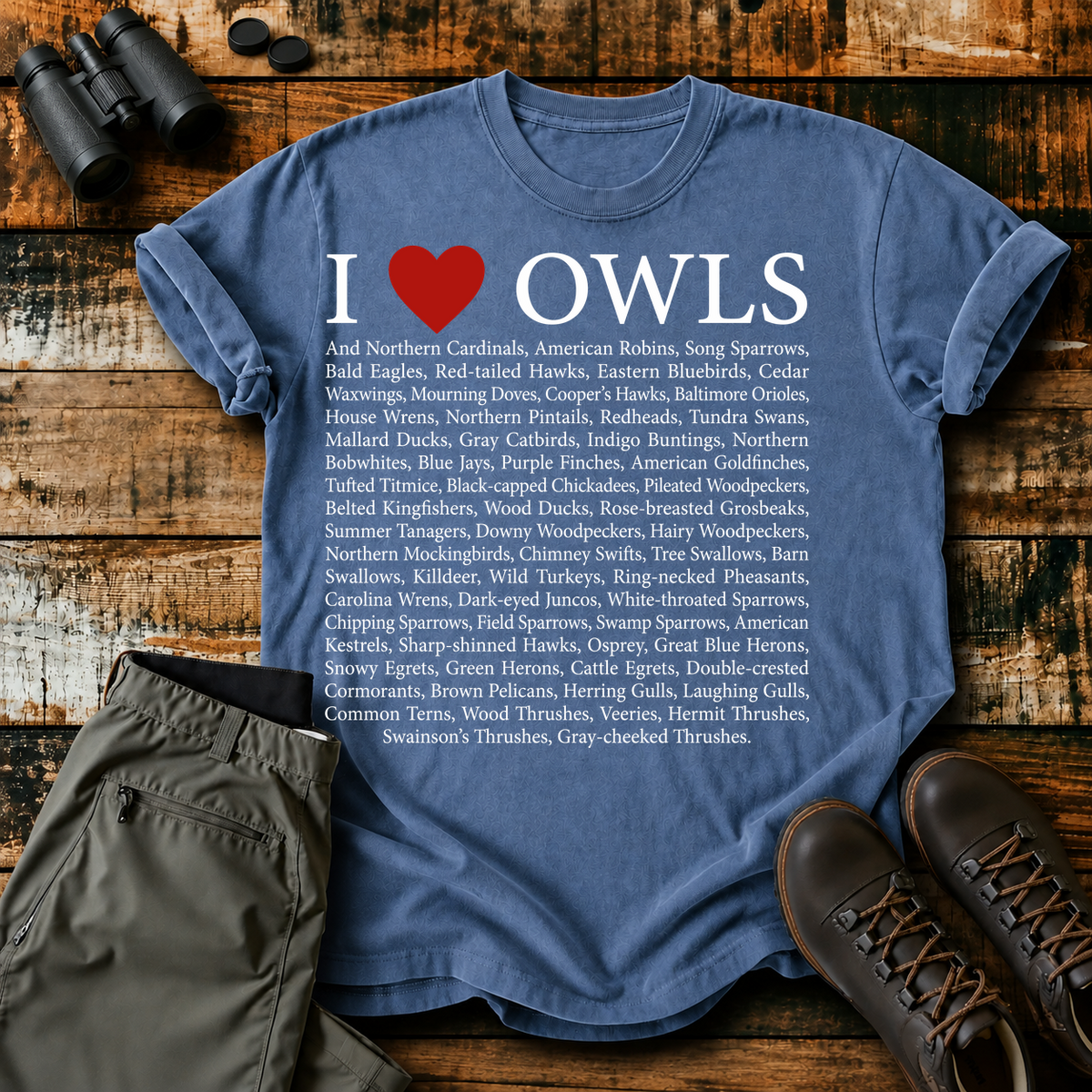 I Love Owls Bird List Tee in Blue Jean, centered front design on a birdwatching flat-lay mockup